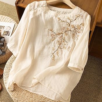Women's Floral Embroidery Shirts 3/4 Sleeve Round Neck Tops